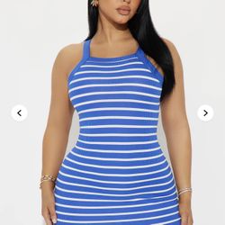 High Neck Rib Striped Maxi Dress - Royal Medium 