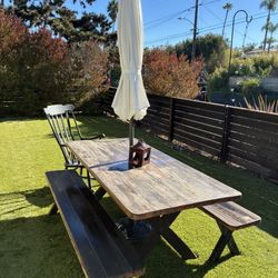 1960’s Solid Redwood Picnic Table/ Umbrella Bundle Needs Refurbish 