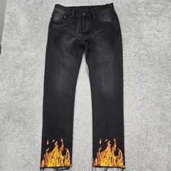 MNML Jeans Mens 31x31 Black Straight Flames Raw Hem Cotton Denim Punk Rock 