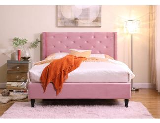 Queen Size Pink Suede Platform Bed