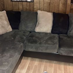 Simulated Black Leather/Grey Suede Couch w/ Chaise 