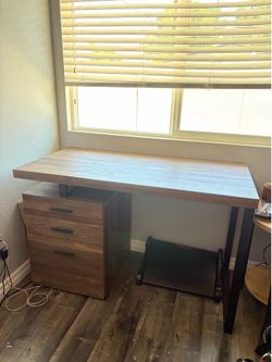 Wooden desk with filing cabinet