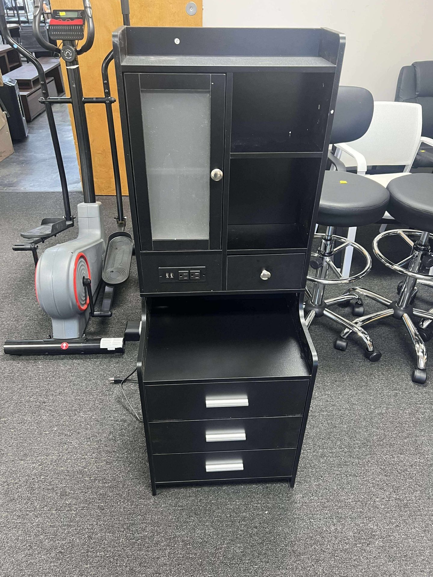DJ503312_3 Tall Nightstand Charging Station 3 Drawers & Shelves LED Glass Door