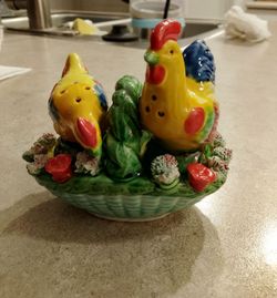Vintage Mid-Century Ceramic Rooster & Hen Salt and Pepper Shakers with Basket Holder Set