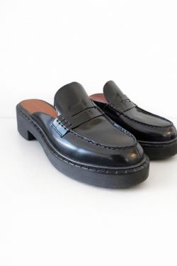 Reformation Black Semi Patent Leather Platform Loafer Mules Size 6 Minimalist
