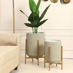New Gray Honeycomb Metal Cachepot Planters with Gold Stands (Set of 2)