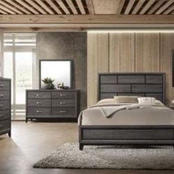 **4pcs Queen gray panel look wood grain queen bedroom set)**Mattress &Tall chest not included **