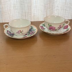 Vintage Bohemian China Floral Teacups with Mismatched Saucers • 4 pc.