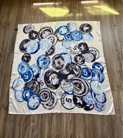 Silk Coin Print Scarf in Blue, Black and White 33/33 Inch