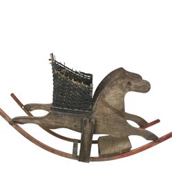 Double-Sided Child’s Wood & Rattan Rocking Horse Antique 19th Century 
