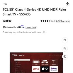  NEW TV - TCL 55" Class 4-Series 4K UHD HDR Roku Smart TV - 55S435