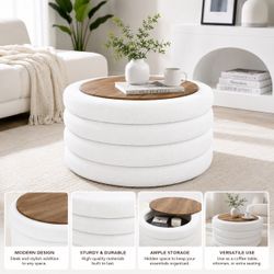 30” Round Sherpa Storage Ottoman Coffee Table – White