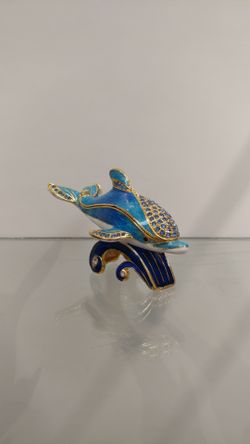 Jeweled / Rhinestone Dolphin trinket / figurine ( NEW ) metal. white/blue/gold