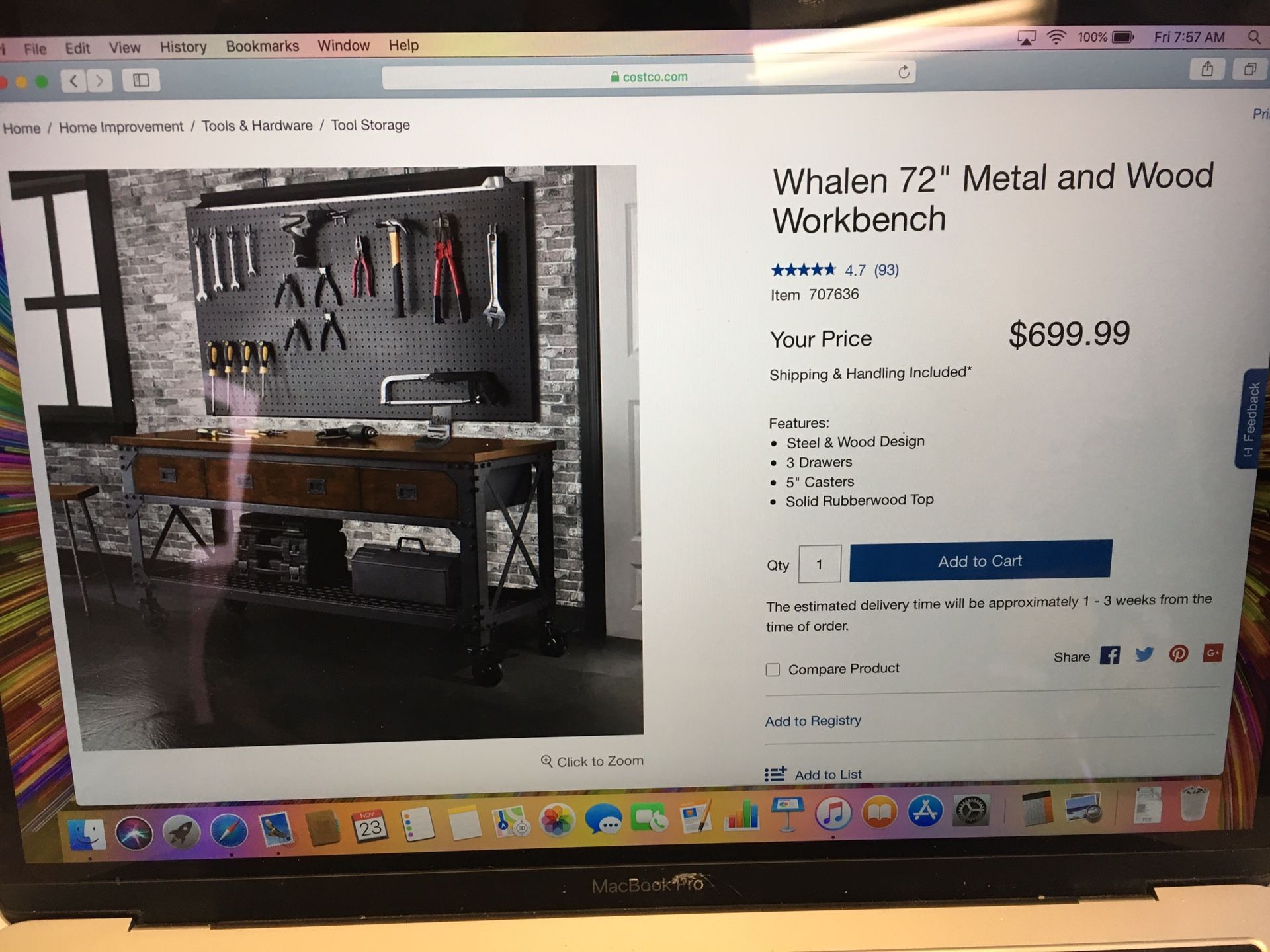 Whalen workbench metal wood work bench garage Costco 72 x 24 3 drawer