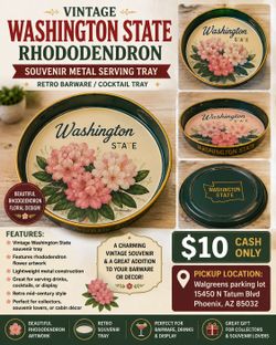 Vintage Washington State Rhododendron Souvenir Metal Serving Tray – Retro Barware / Cocktail Tra