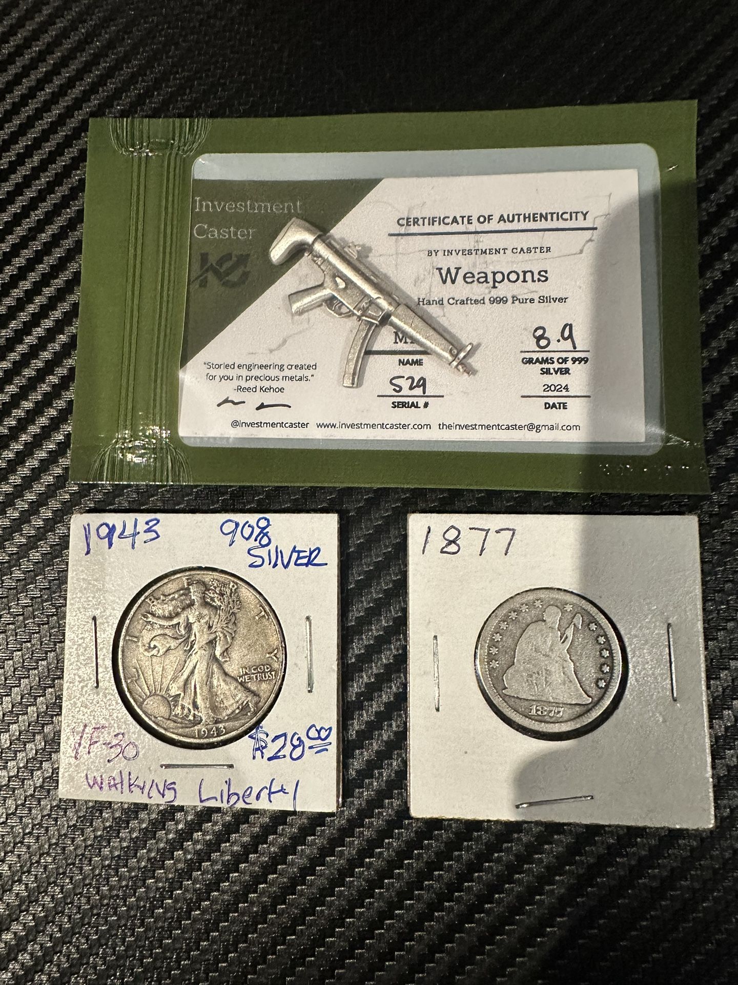 Silver Lot – 1943 Walking Liberty, 1877 Seated Dime & .999 Silver Gun Piece 🔥 Collectible Bundle