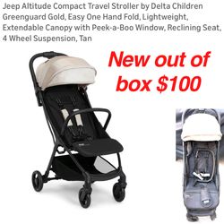 New out of  box Jeep Altitude Compact Travel Stroller by Delta Children Greenguard Gold, Easy One Hand Fold, Lightweight, Extendable Canopy with Peek-