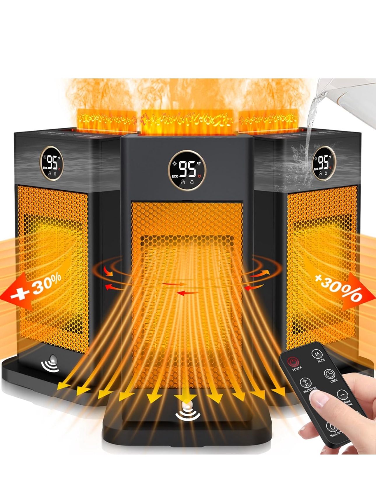 Space Heater, Space Heaters for Indoor Use with Humidifier/Sensor/ECO/3D Flame Effect/Thermostat/Timer/Oscillating, PTC Fast Electric Heaters, Quiet P