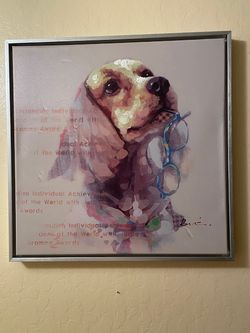 Dog With Glasses Wall Painting Oil On Canvas 18”x18” Aluminum Frame