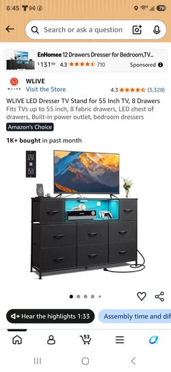 WLIVE LED Dresser TV Stand for 55 Inch TV, 8 Drawers
Fits TVs up to 55 inch, 8 fabric drawers, LED chest of drawers, Built-in power outlet, bedroom dr