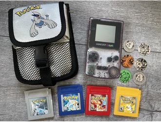 Nintendo Game Boy Color Clear Console GBC With 4 Pokemon Games Silver Red Blue