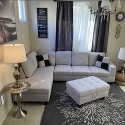 New Light Gray Sectional Sofa Couch With Free Ottoman, Chaise And 2 Pillows 