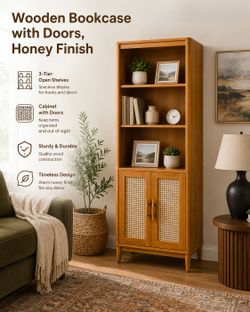 wooden Bookcase with Doors, Honey Finish