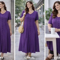 Fashion Bug Purple Button Front Dress Size 16 Embroidered