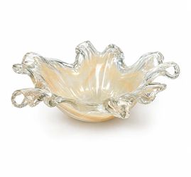 Vintage Murano Style Ruffled Art Glass Bowl - Amber Swirl