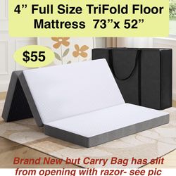 4” Full Size MASVIS Trifold Mattress, Memory Foam Foldable Mattress with Washable Cover, Tri-Folding Floor Bed for Camping  CARRY BAG CUT BUT MATTRESS
