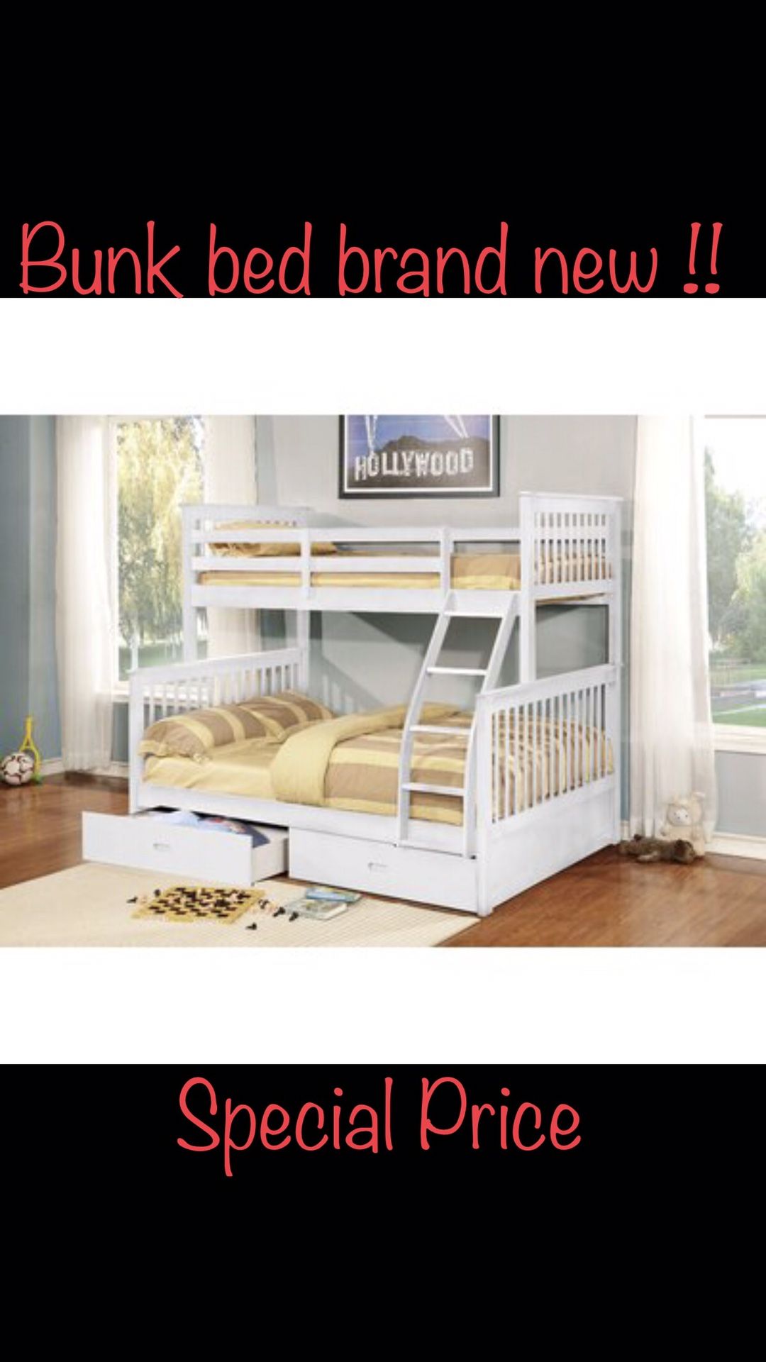 Bunk bed full over twin with 2 drawers at the bottom white color brand new in box !! ( mattress not included)