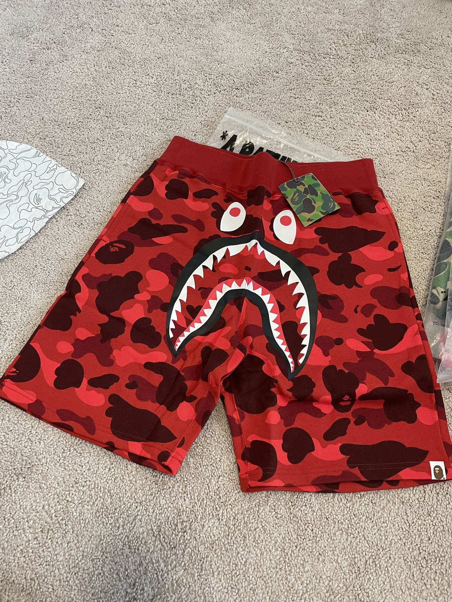 Bape Red Camo Shark Sweat Shorts - Size Large - Brand New Shorts - Streetwear