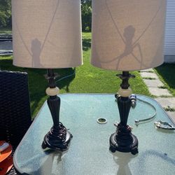 2 vintage-style Tabletop Lamps Iron & Faux Alabaster Footed, Pedestal fabric hardback shades