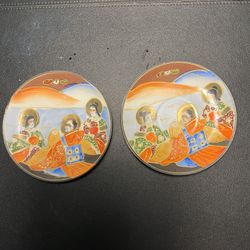 Japanese Antique 1868 To 1912 2 Saucers Meiji Satsuma Moriage Dragonware Immortals