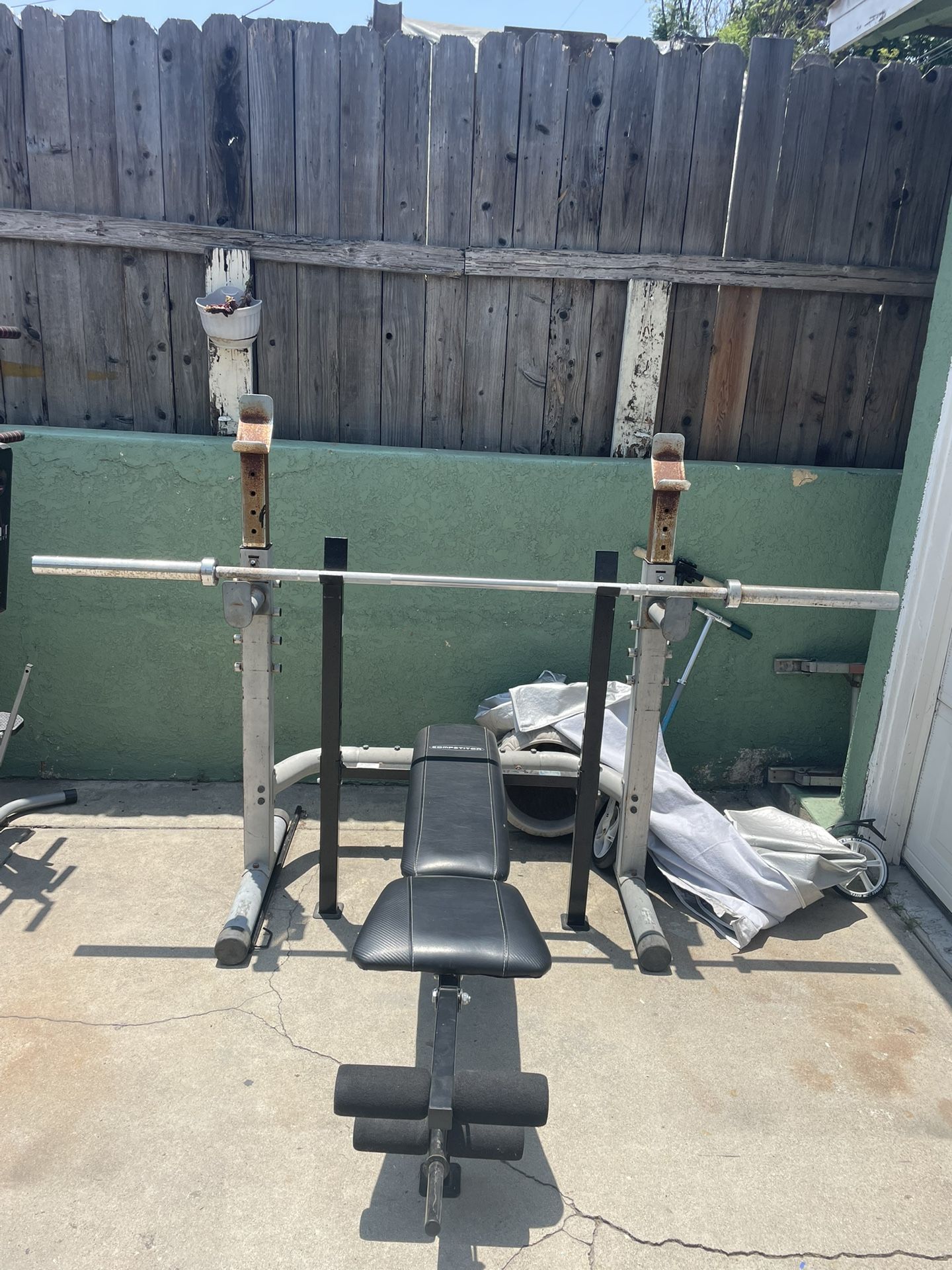 Squat Rack + Bench + Barbell + Weight Plates Set