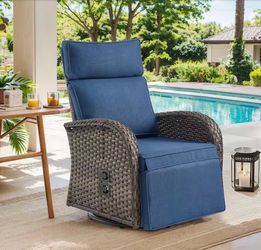 Rotavia Reclining 1-Piece Wicker Outdoor 360° Swivel Recliner with Blue Cushions, Adjustable Backrest, Footrest