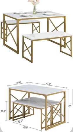 3-Piece Marble Top Dining Table and Bench Set
