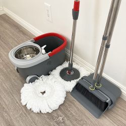 $35 New (Combo Set) Broom Dustpan & Spin Mop Wheels Extended Handle with 2pc Microfiber Mop Heads 