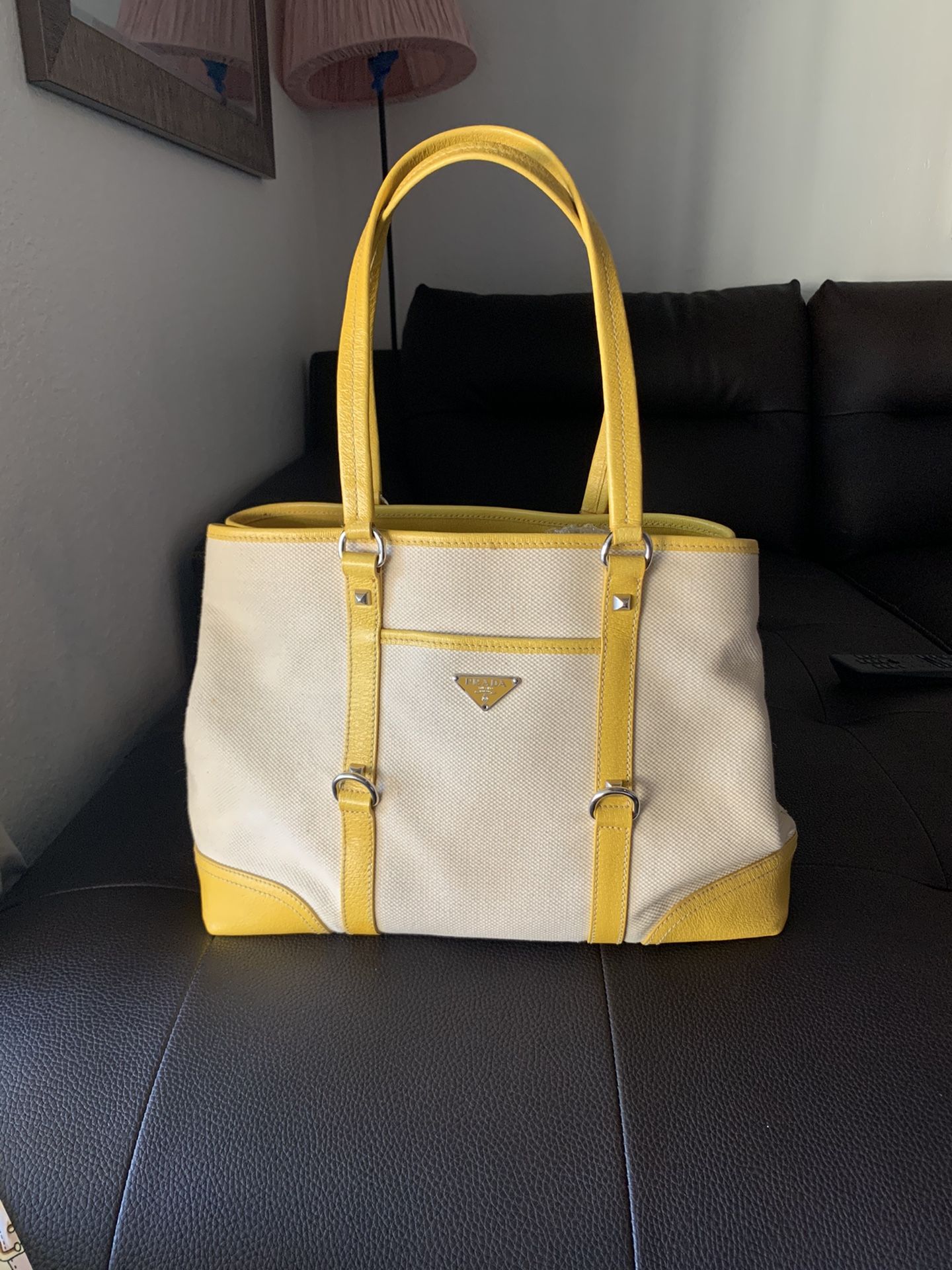 Authentic Prada leather Canvas tote bag