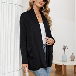 Micoson Women's Long Sleeve Open Front Cardigan Casual Loose Fit Lightweight Sweater Cardigans with Pockets (XXL) Black