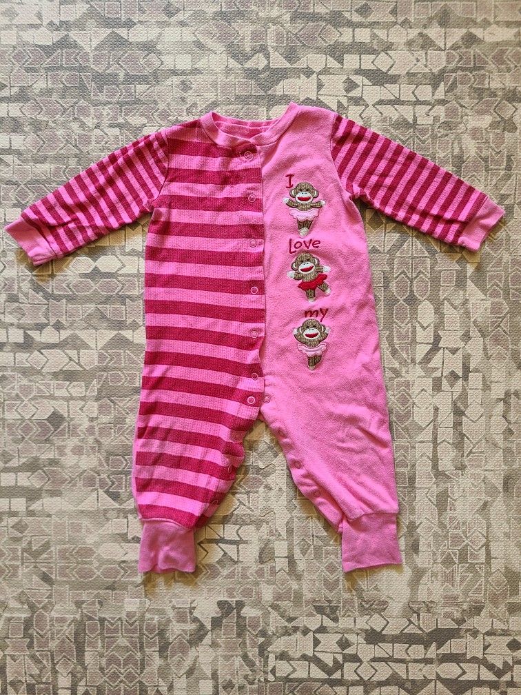 12M Snap Button Long Sleeve Girl's Bodysuit 100% Cotton Sock Monkey Ballerina