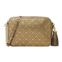 Michael Kors Ginny medium camera bag in metallic gold-tone leather with a herringbone pattern and chain-link accents