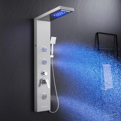 LED Shower Panel Tower System with Rainfall Waterfall Shower, Shower Panel with Jets and Rainfall and Handheld, 5 in 1 Brushed Stainless Steel Shower 