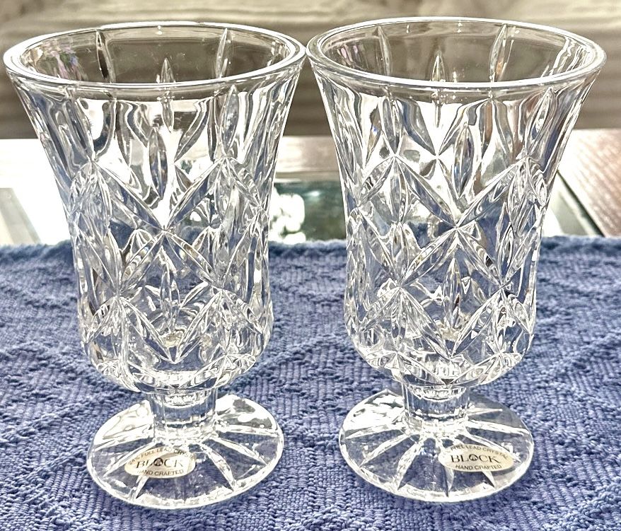 Block Crystal Olympic 7" Hurricane Pilar Footed Candle Candlestick Holder/Vase. Lead Crystal. Set of 2-Vintage