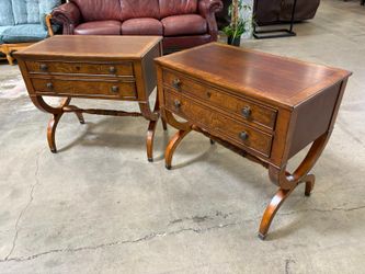 ETHAN ALLEN 2 Drawer Burl Wood Night Table with Half Moon Legs and Carved Trestle Base (Set of 2)