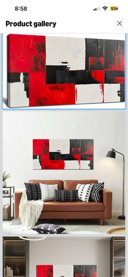 Brand New!Abstract Wall Art Black and White Red Textured Oil Painting 20x40 In Modern Minimalist Geometric Block Artwork, Hand-painted,Living Room Bed