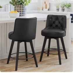 Swivel Counter Height Bar Stools, 26" H Modern Counter Stools with Back and Metal Round Footrest, Solid Wood Legs, Linen Fabric Upholstered Barstools 