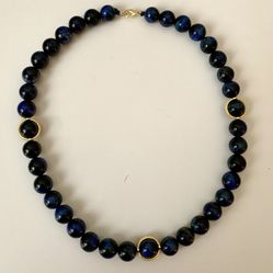 *New* Elegant Dark Blue Tiger’s Eye Stone (10mm) Necklace / Choker With 18K Gold Plated Circle Separators, 16.5”