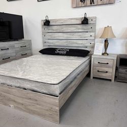 AP🎉 Panel Bedroom Set - Whitewash 4-Piece (Bed, Dresser, Mirror, Nightstand) Financing & Delivery 