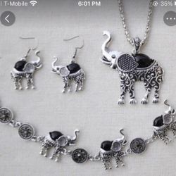 3pcs Black Tibetan Retro Turquoise Lucky Elephant Jewelry Set 